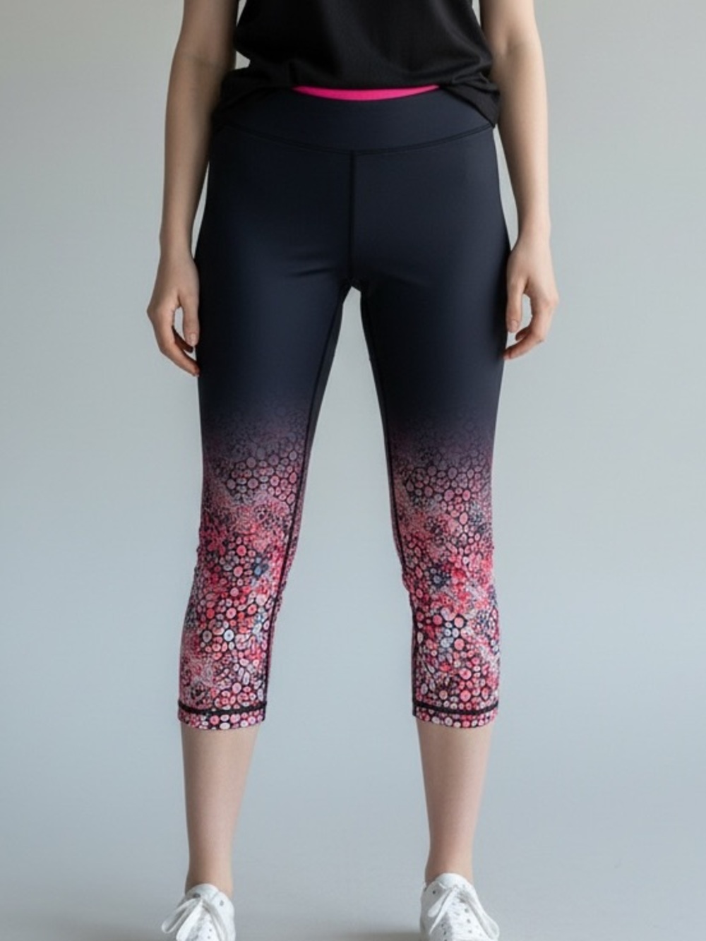 GAIAM Black Capri Leggings with Pink Floral Dip-Dye